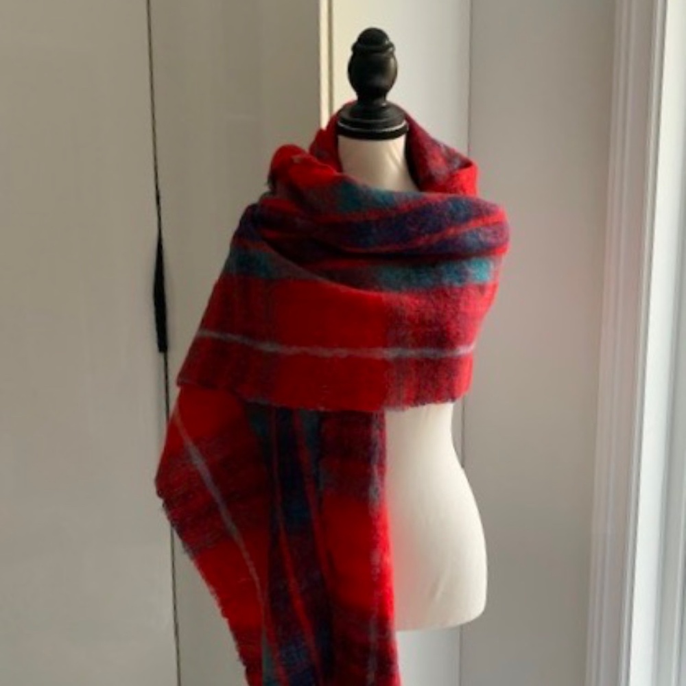 J. Crew Red Plaid Oversized Blanket Scarf 19 x 81 NEW wool